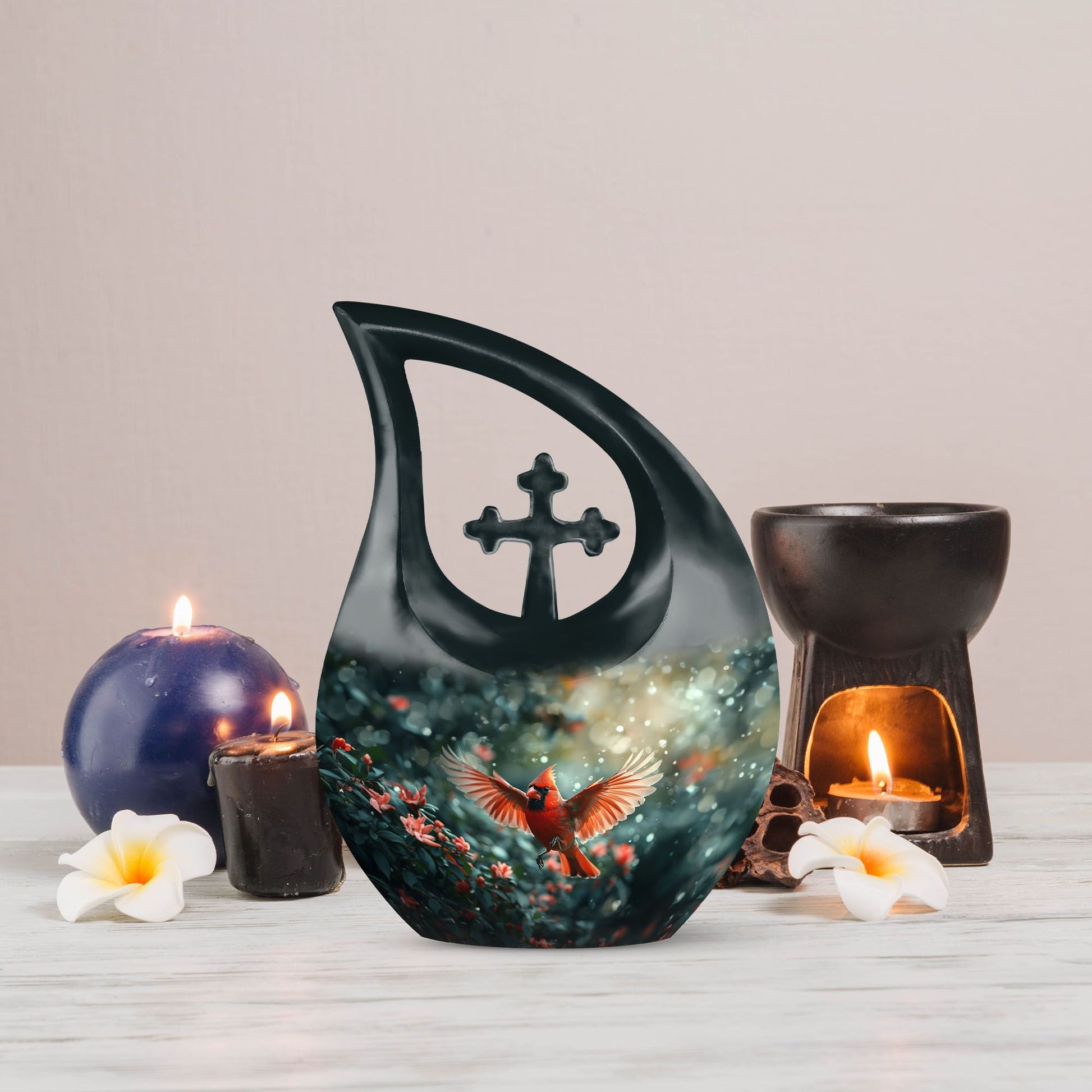 10-inch Cardinal Bird themed Cross Drop memorial urn 