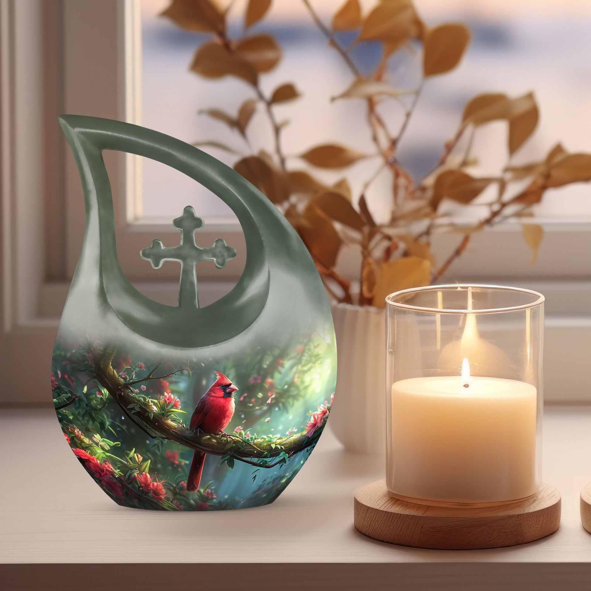 Custom Cardinal Bird Cross Drop urn 
