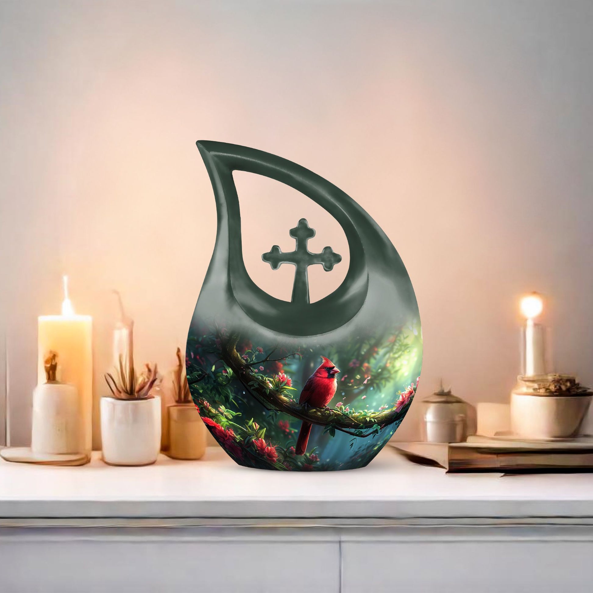 Custom Cardinal Bird Cross Drop urn 