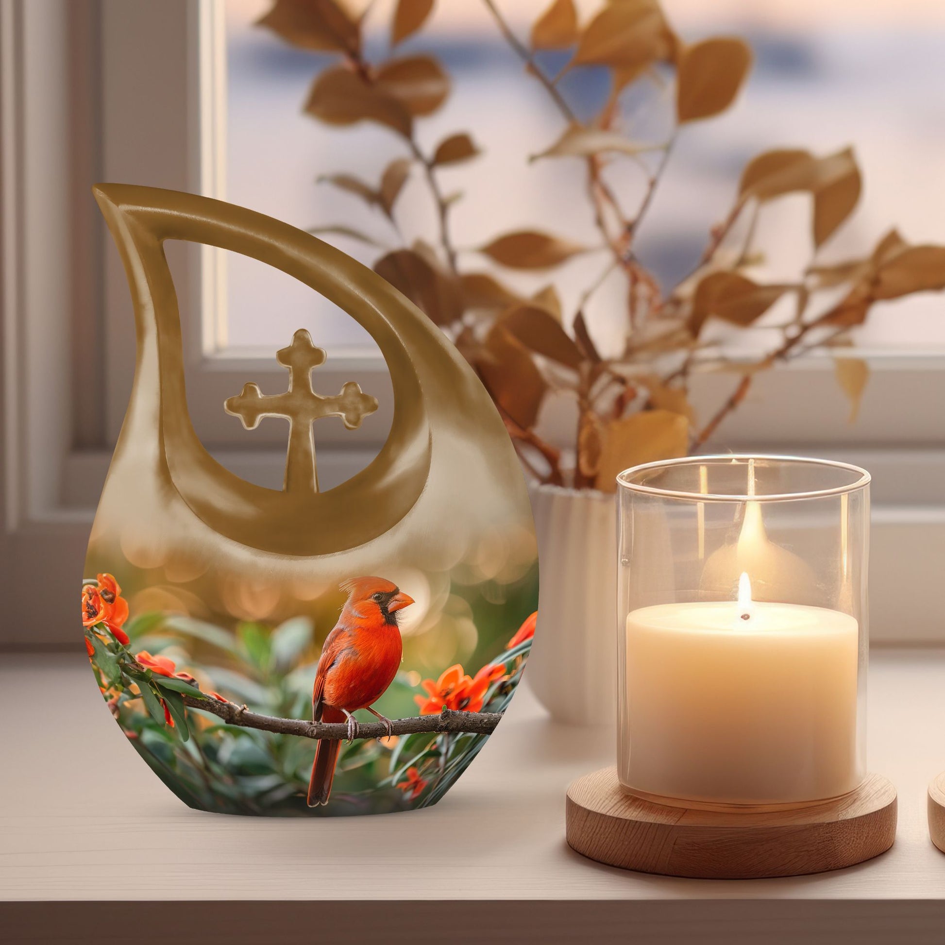 10 Inch Cardinal Bird theme Cross Drop Extra Large Urn 