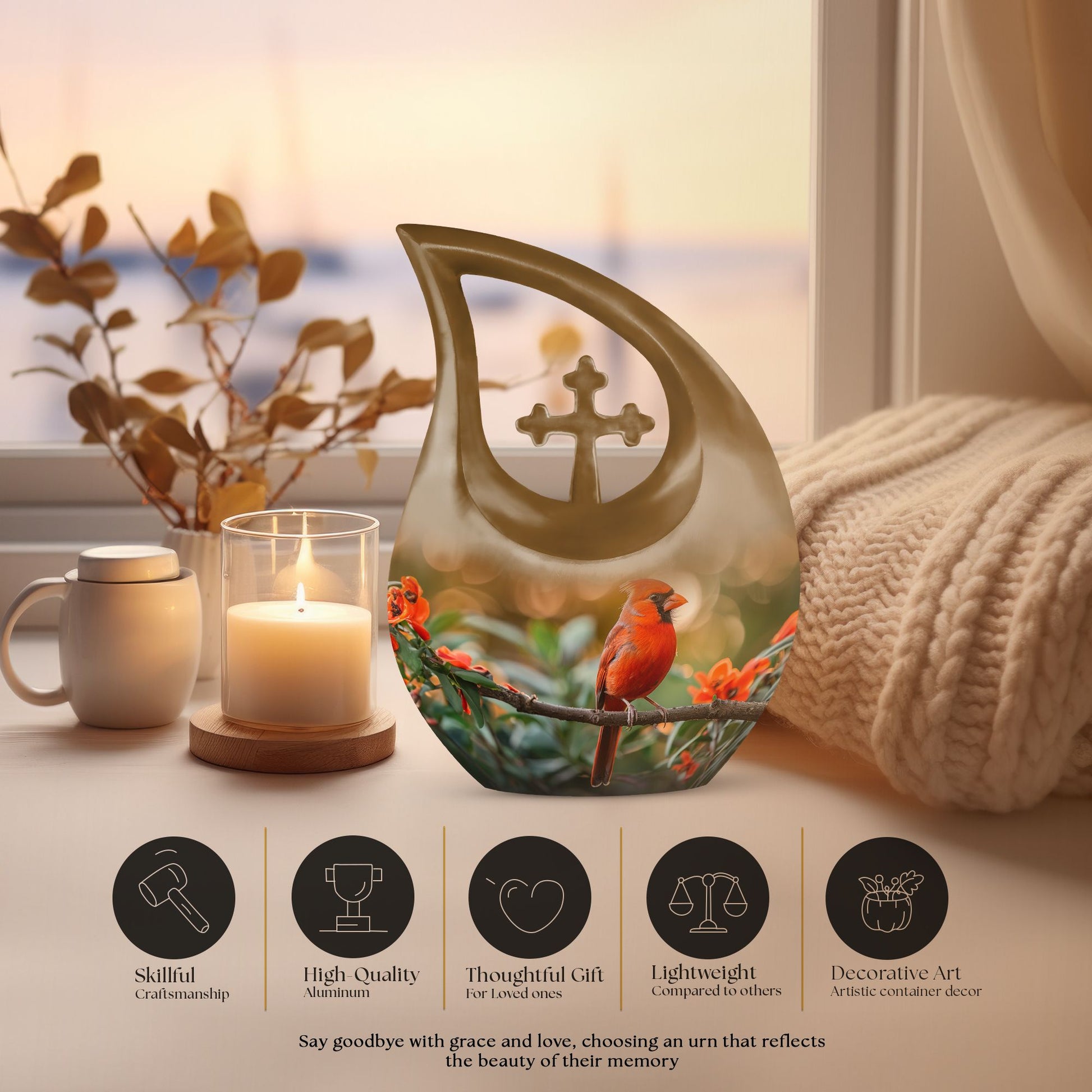 10 Inch Cardinal Bird theme Cross Drop Extra Large Urn 