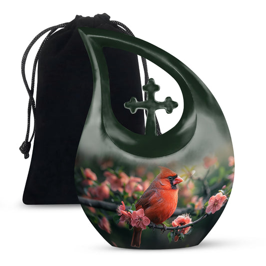 10-inch Cardinal Bird urn with cross-drop design