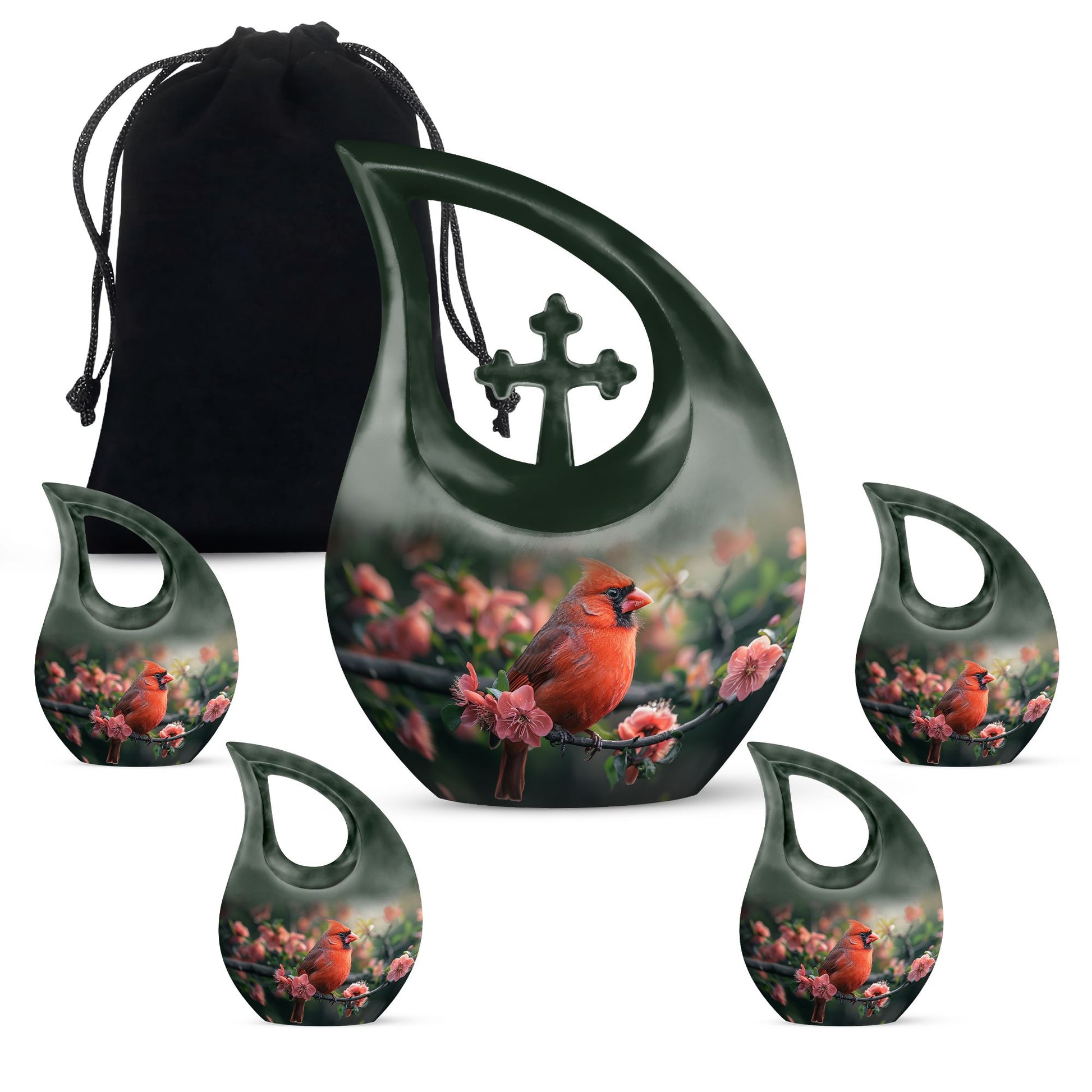 10-inch Cardinal Bird urn with cross-drop design