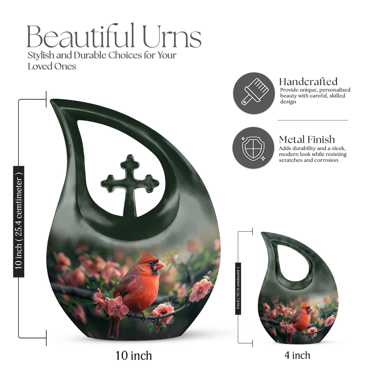 10-inch Cardinal Bird urn with cross-drop design