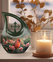 10-inch Cardinal Bird urn with cross-drop design