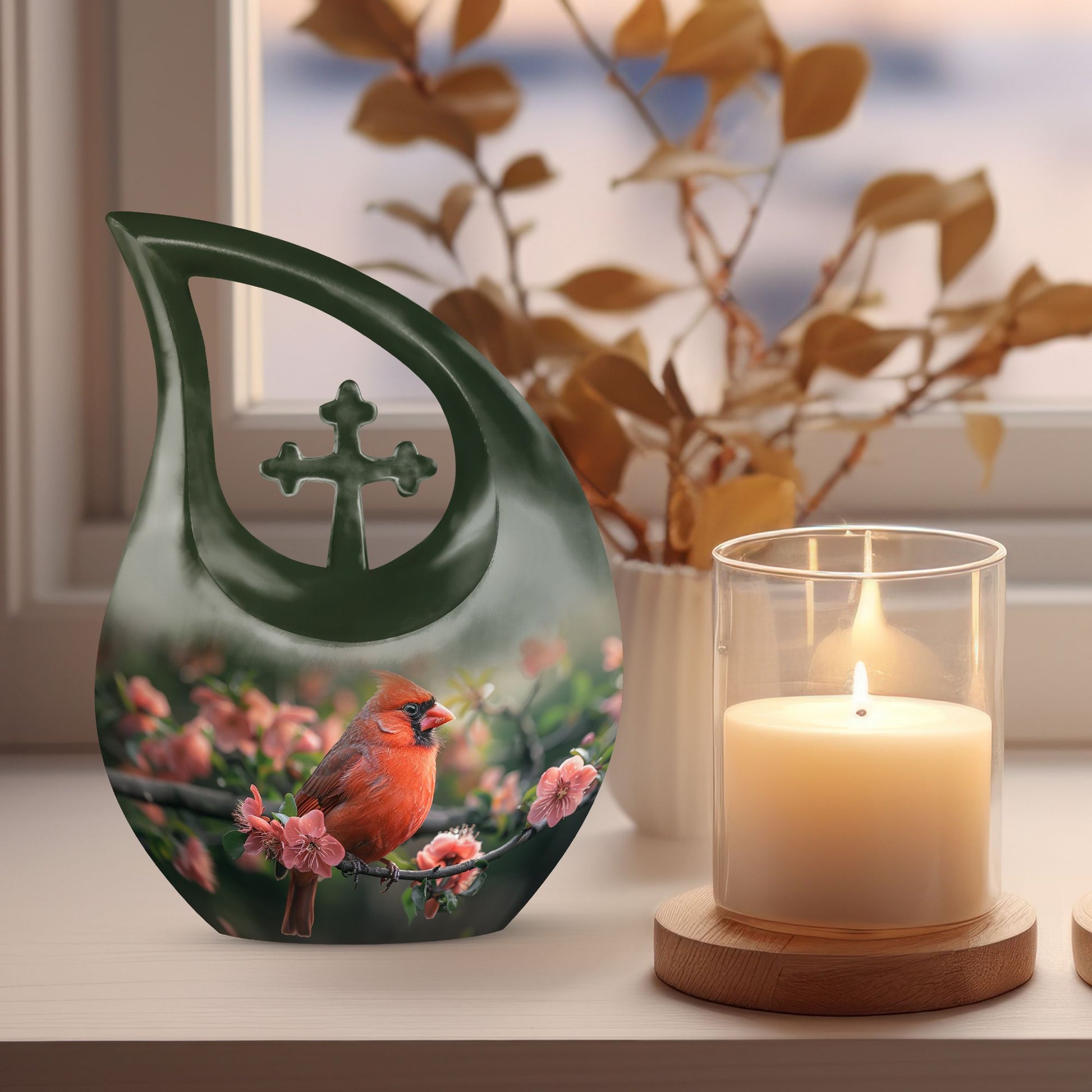 10-inch Cardinal Bird urn with cross-drop design