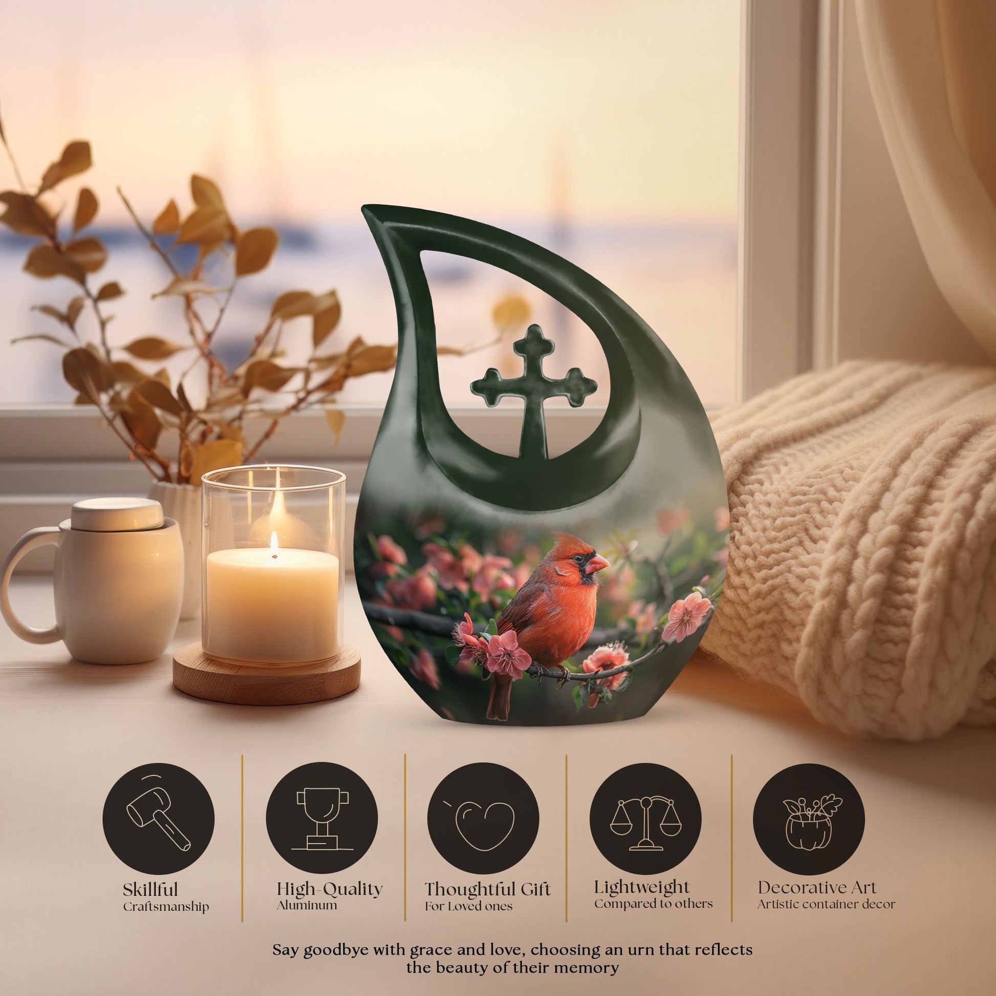 10-inch Cardinal Bird urn with cross-drop design
