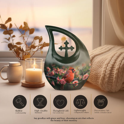 10-inch Cardinal Bird urn with cross-drop design