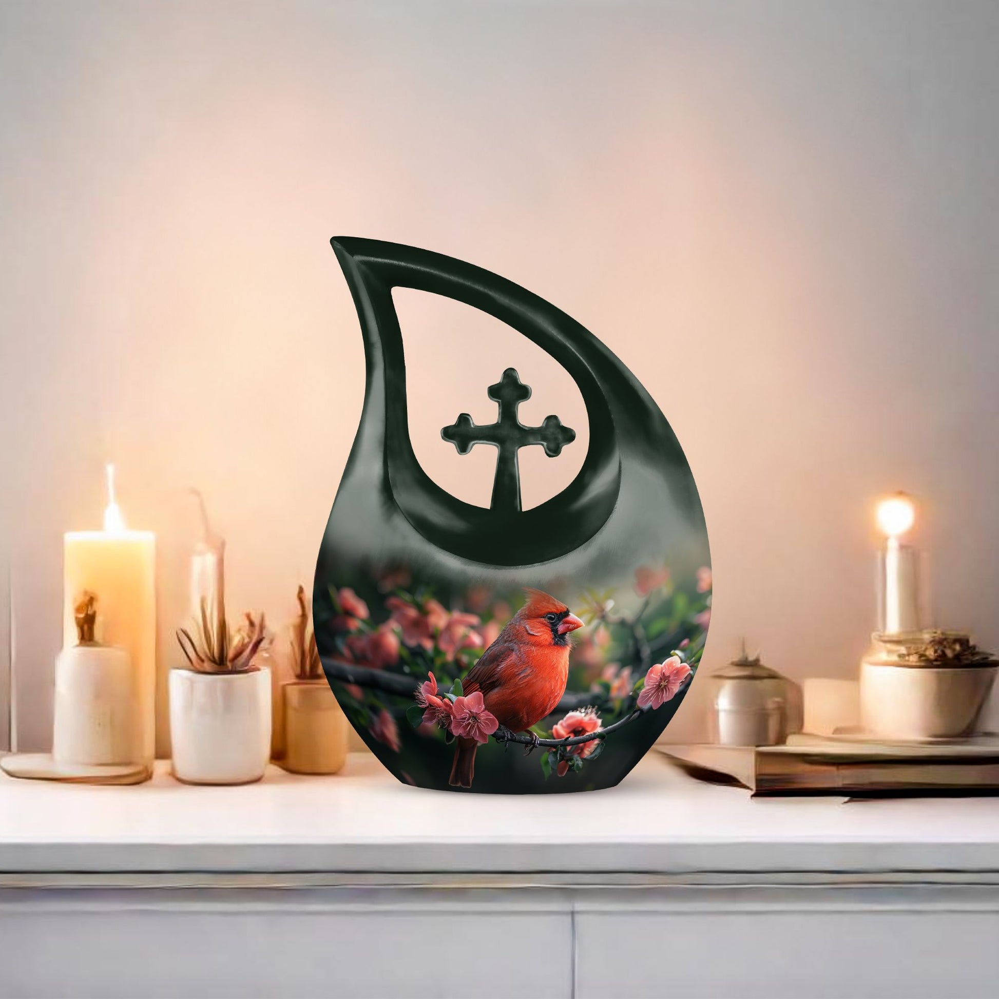 10-inch Cardinal Bird urn with cross-drop design