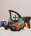10-inch Cardinal Bird urn with cross-drop design