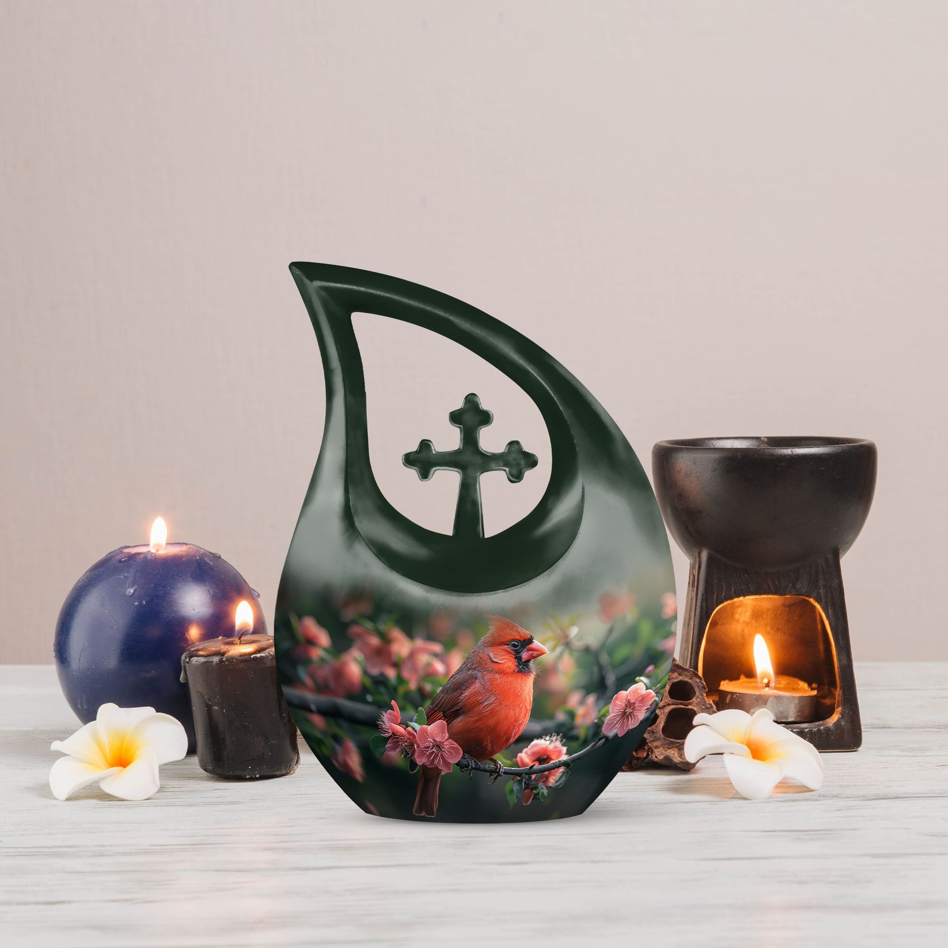 10-inch Cardinal Bird urn with cross-drop design