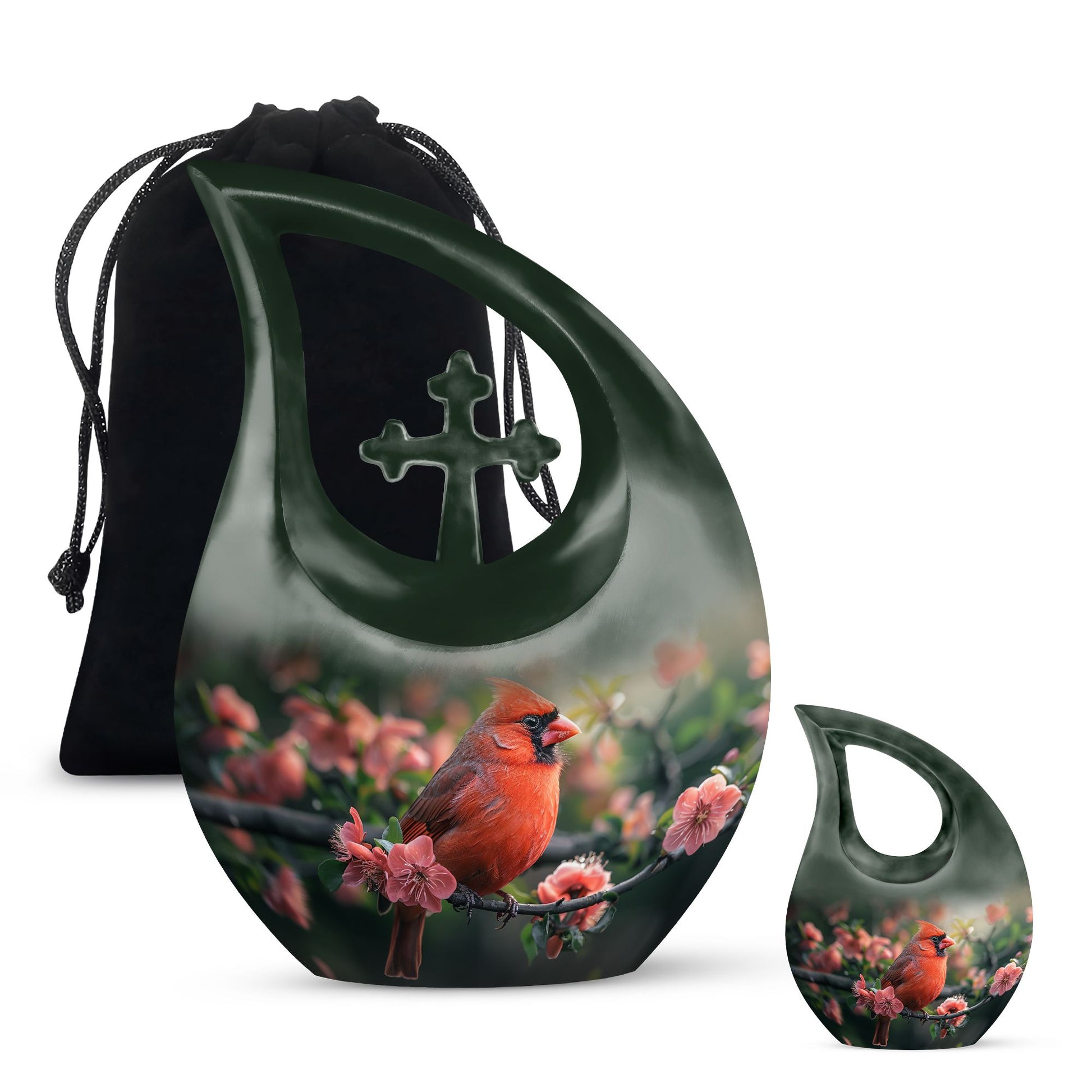10-inch Cardinal Bird urn with cross-drop design