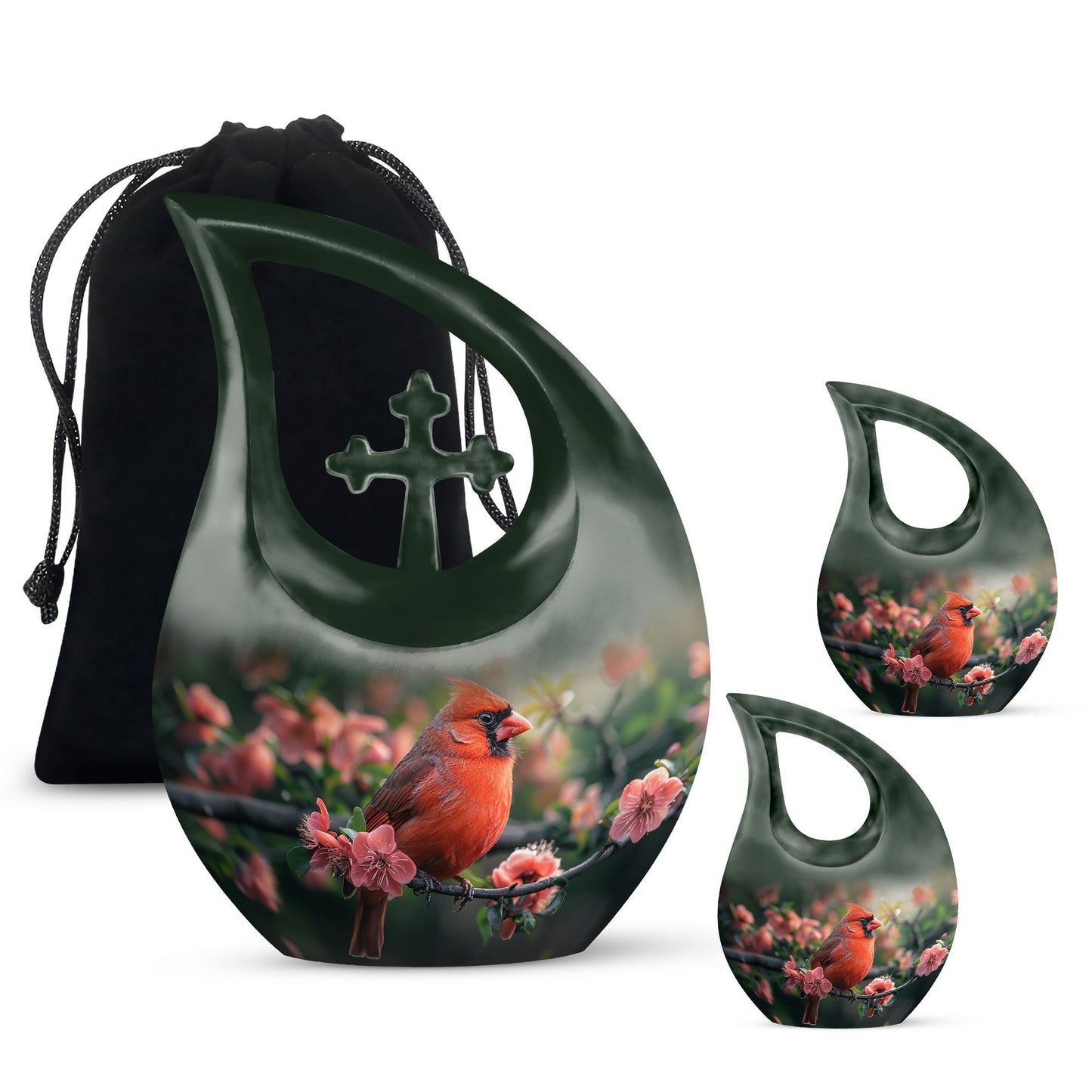 10-inch Cardinal Bird urn with cross-drop design