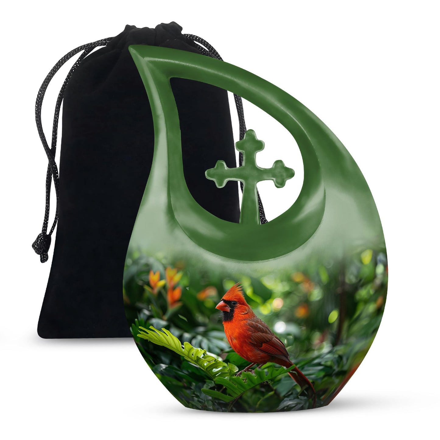 10-inch Cross Drop design Cardinal Bird Metal Cremation Urn,