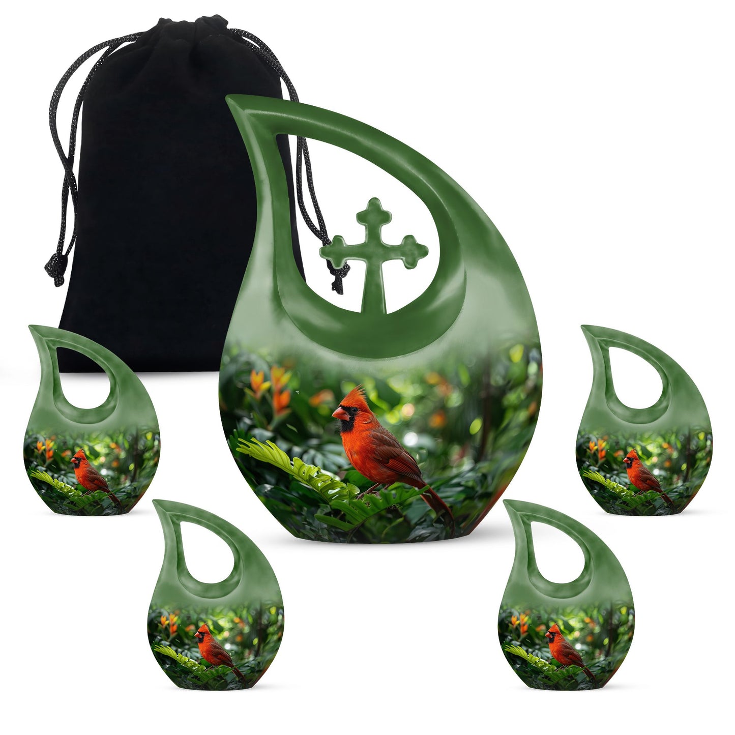 10-inch Cross Drop design Cardinal Bird Metal Cremation Urn,