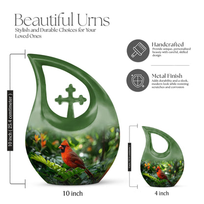 10-inch Cross Drop design Cardinal Bird Metal Cremation Urn,