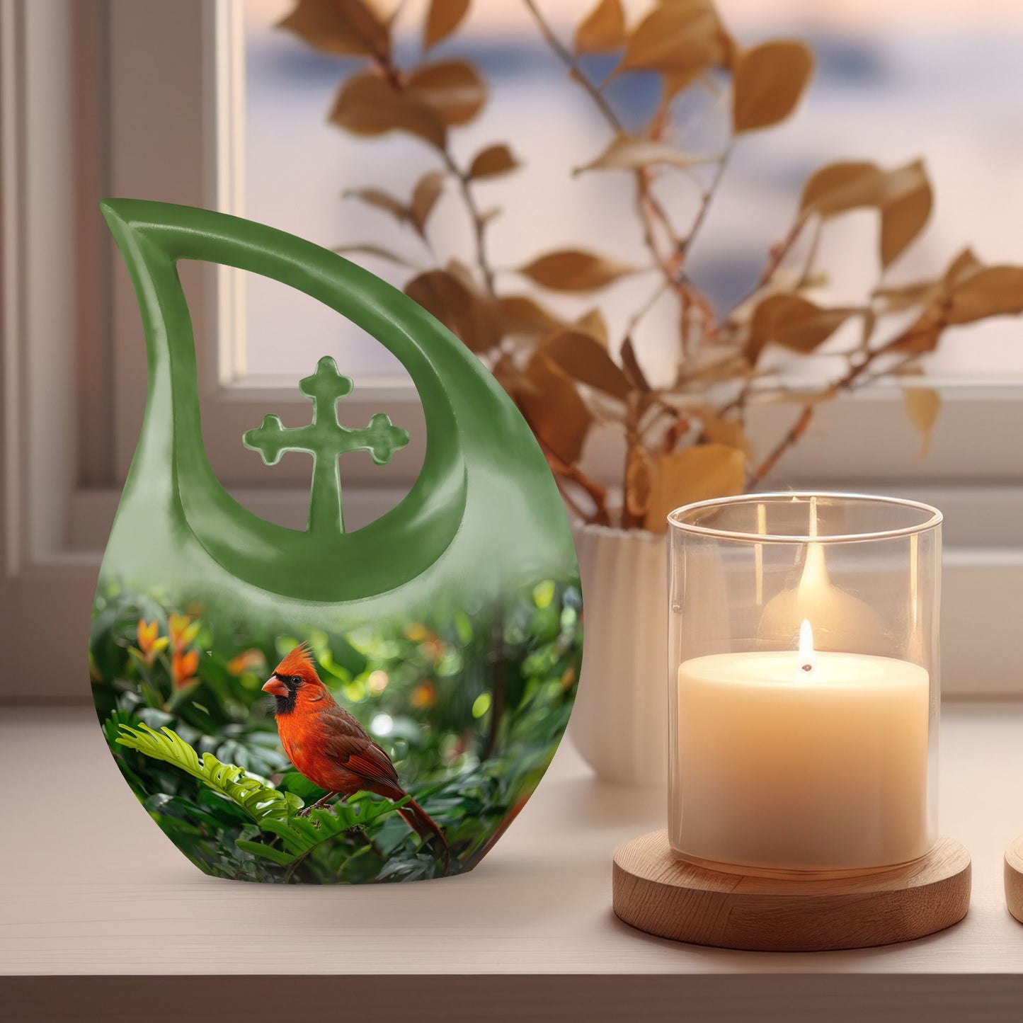 10-inch Cross Drop design Cardinal Bird Metal Cremation Urn,