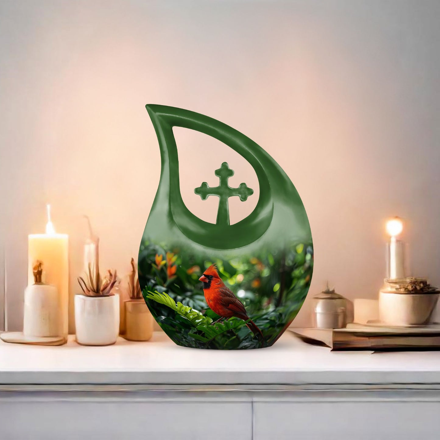 10-inch Cross Drop design Cardinal Bird Metal Cremation Urn,