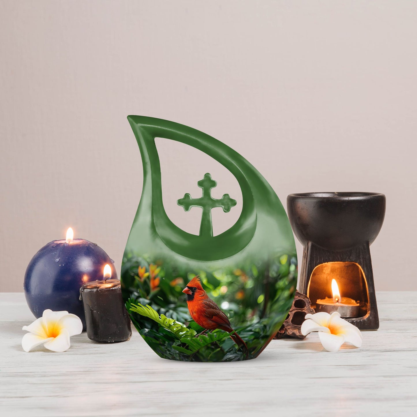 10-inch Cross Drop design Cardinal Bird Metal Cremation Urn,