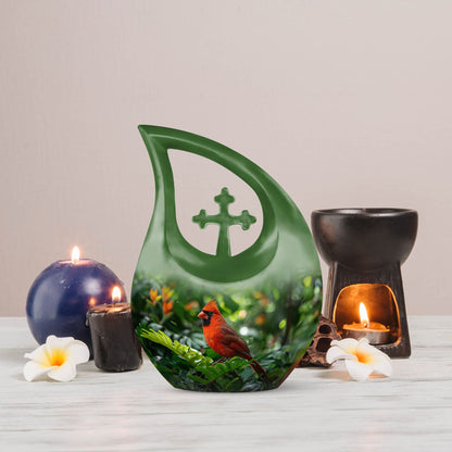 10-inch Cross Drop design Cardinal Bird Metal Cremation Urn,