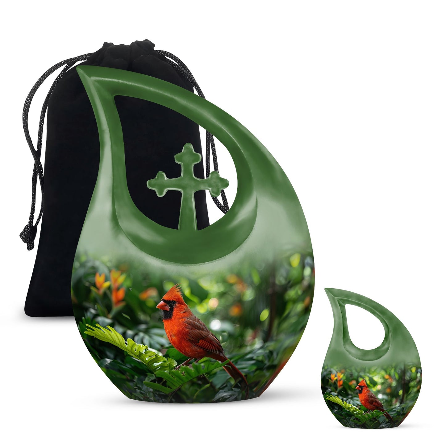 10-inch Cross Drop design Cardinal Bird Metal Cremation Urn,