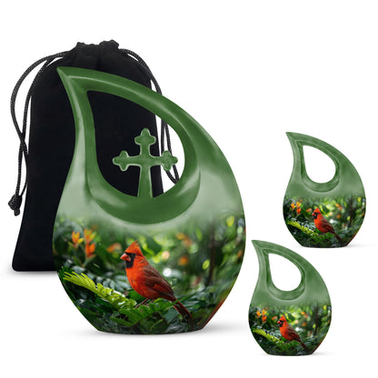 10-inch Cross Drop design Cardinal Bird Metal Cremation Urn,