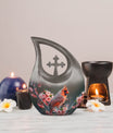 Affordable 10 Inch Cardinal Bird Urn with Cross Drop Design