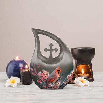 Affordable 10 Inch Cardinal Bird Urn with Cross Drop Design