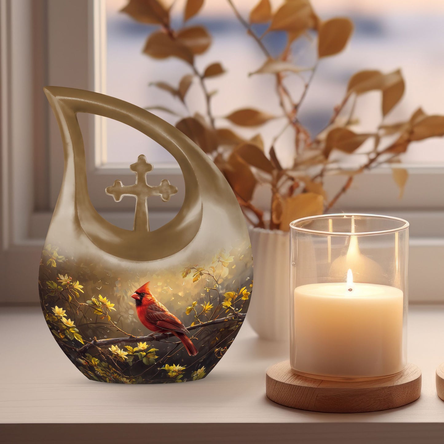 Cross Drop Cardinal Bird design on Large Cremation Urn,