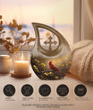 Cross Drop Cardinal Bird design on Large Cremation Urn,