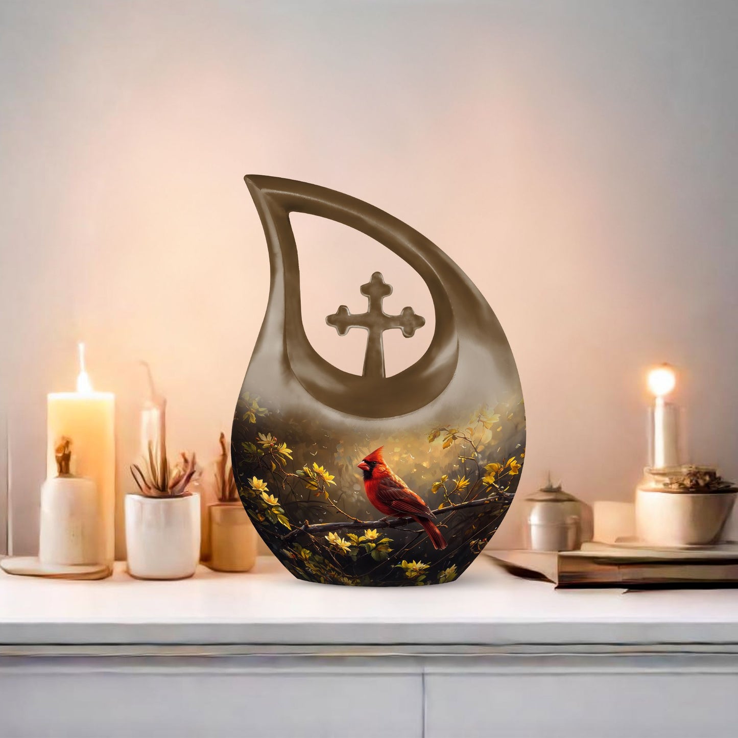 Cross Drop Cardinal Bird design on Large Cremation Urn,