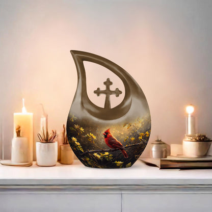 Cross Drop Cardinal Bird design on Large Cremation Urn,