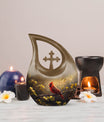 Cross Drop Cardinal Bird design on Large Cremation Urn,