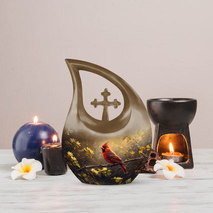 Cross Drop Cardinal Bird design on Large Cremation Urn,