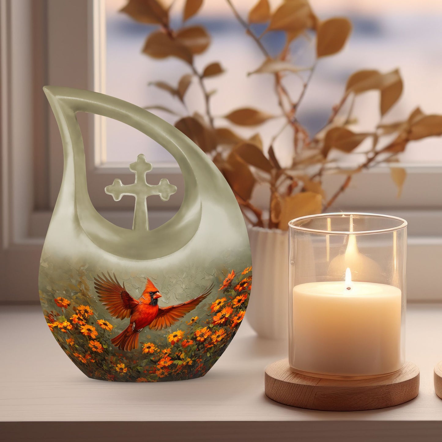 Cardinal Bird themed Cross Drop Large Urn