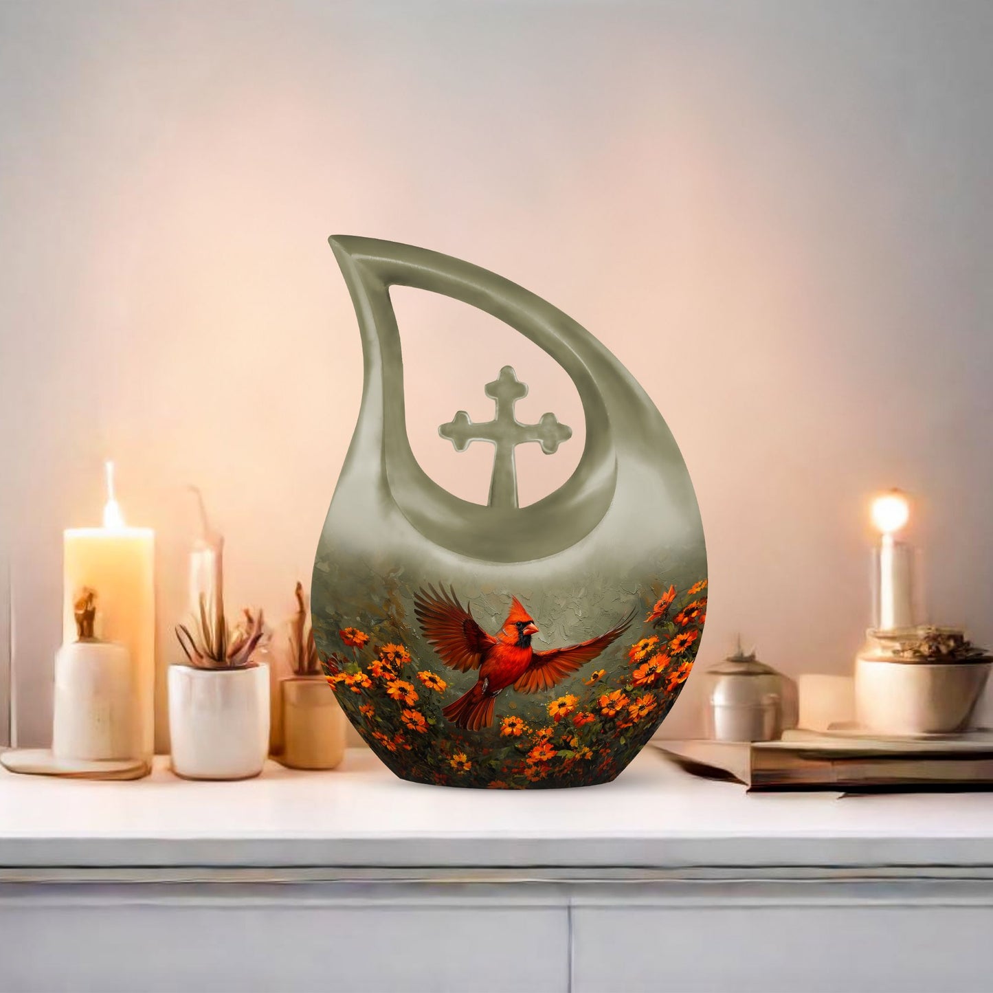 Cardinal Bird themed Cross Drop Large Urn