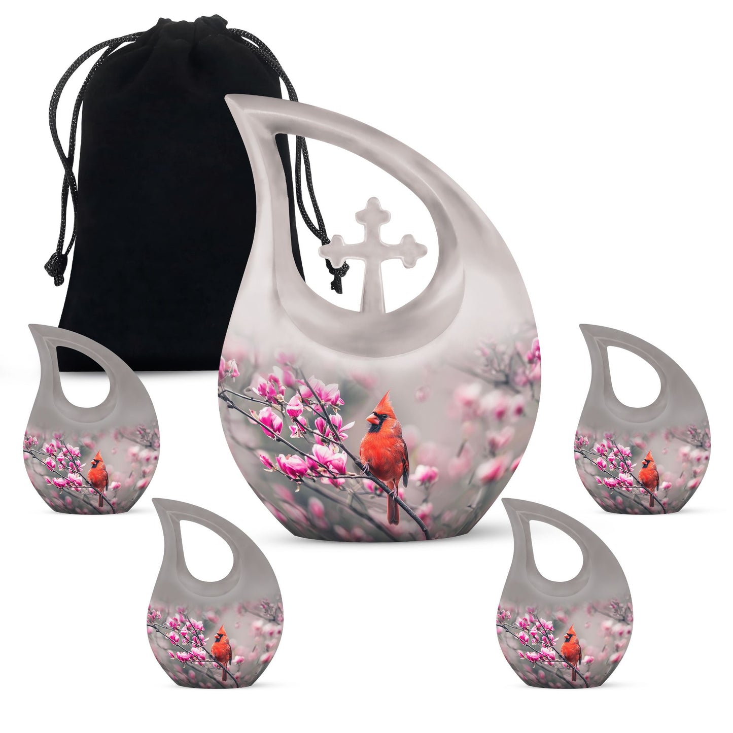 Cardinal Bird Theme Large Urn With 4 Keepsake Urn