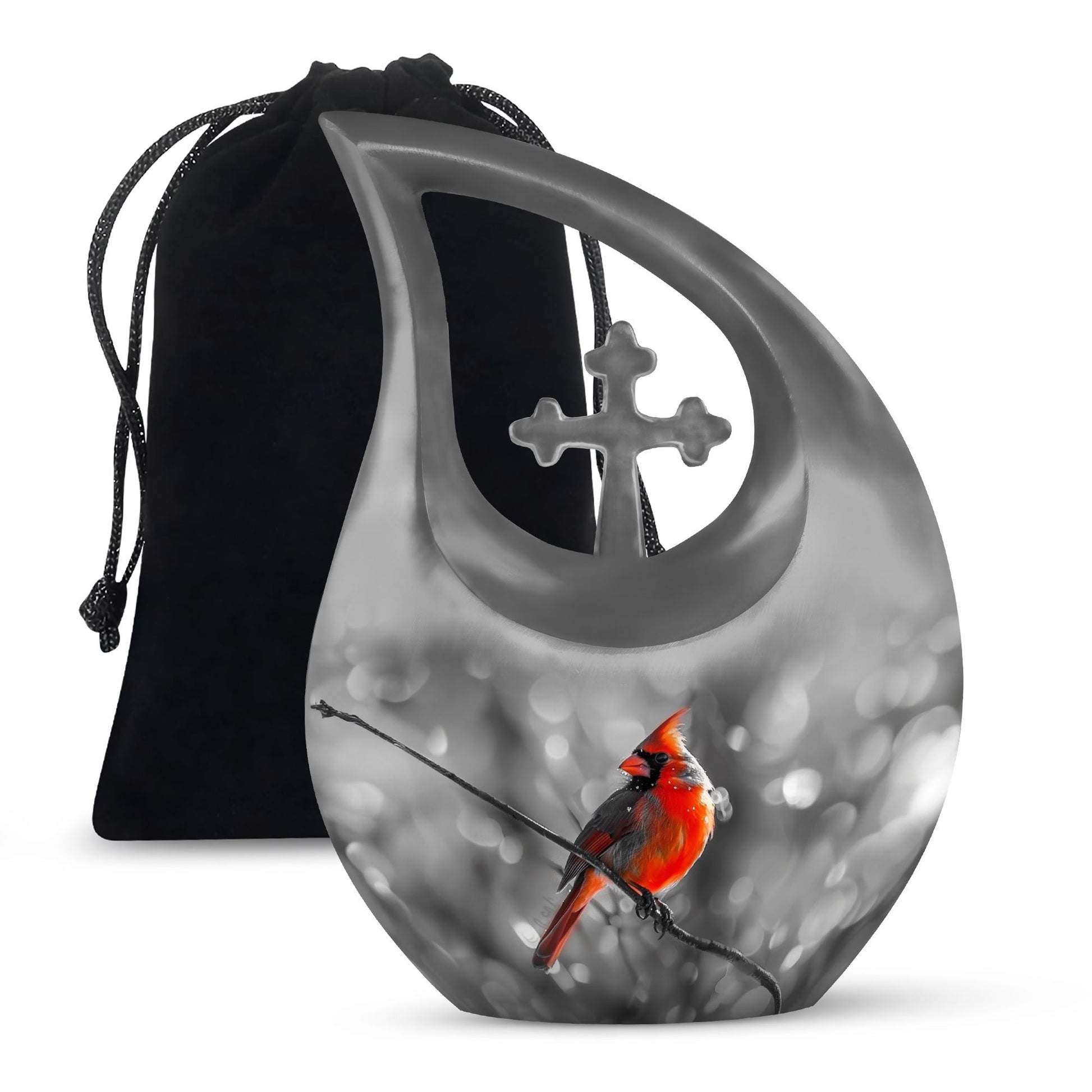 Cardinal Bird themed Cross Drop urn for ashes