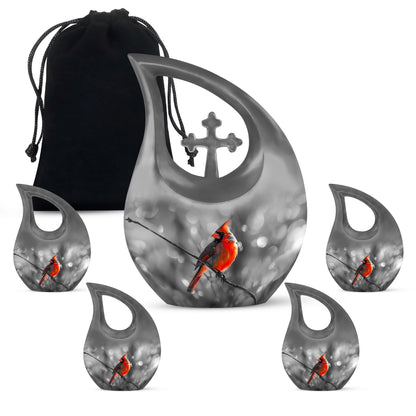 Cardinal Bird Theme Large Urn With 4 Keepsake Urn