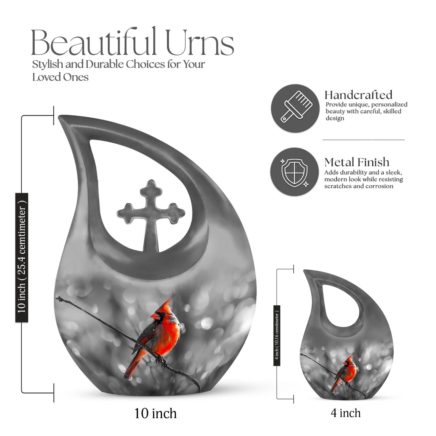 Cardinal Bird themed Cross Drop urn for ashes