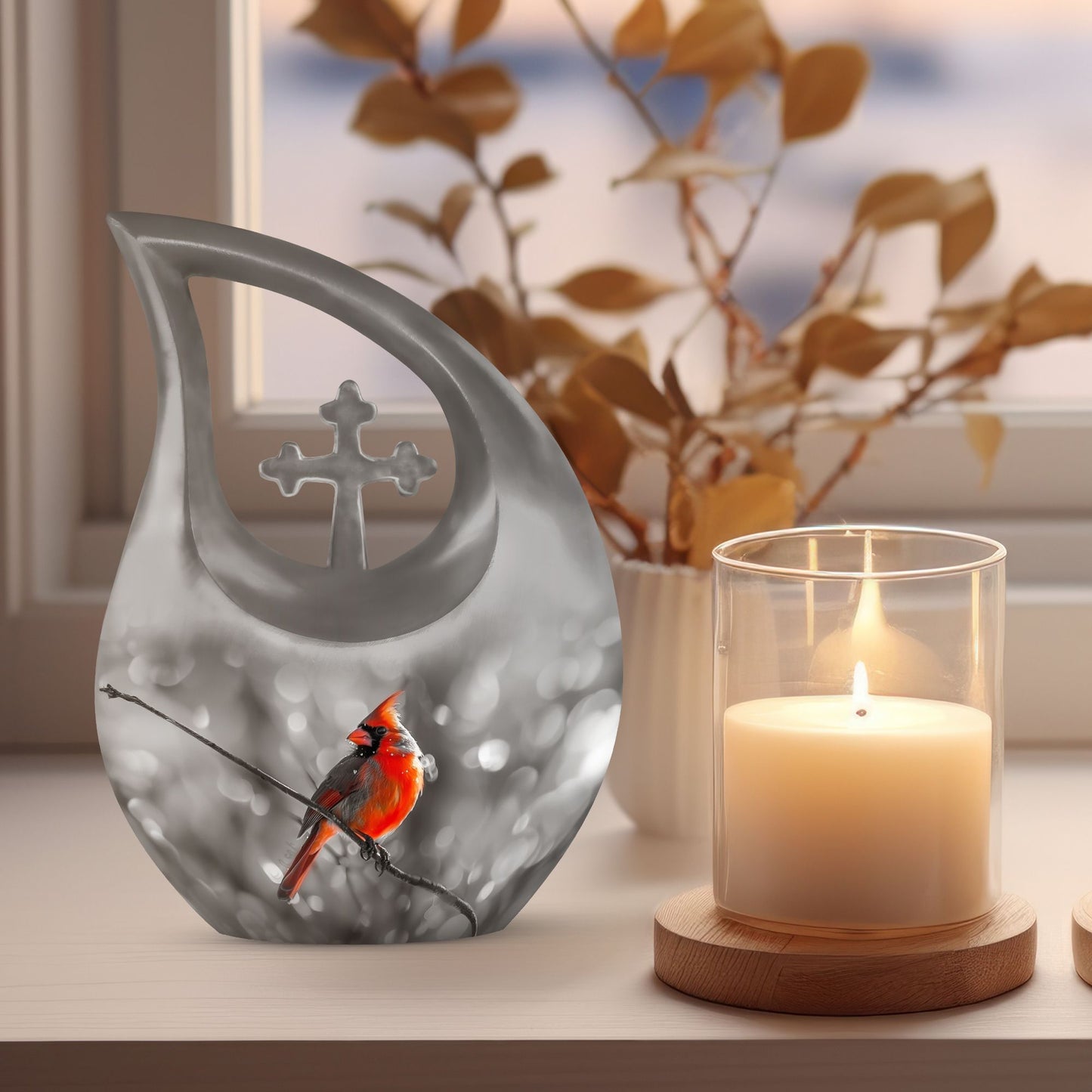 Cardinal Bird themed Cross Drop urn for ashes