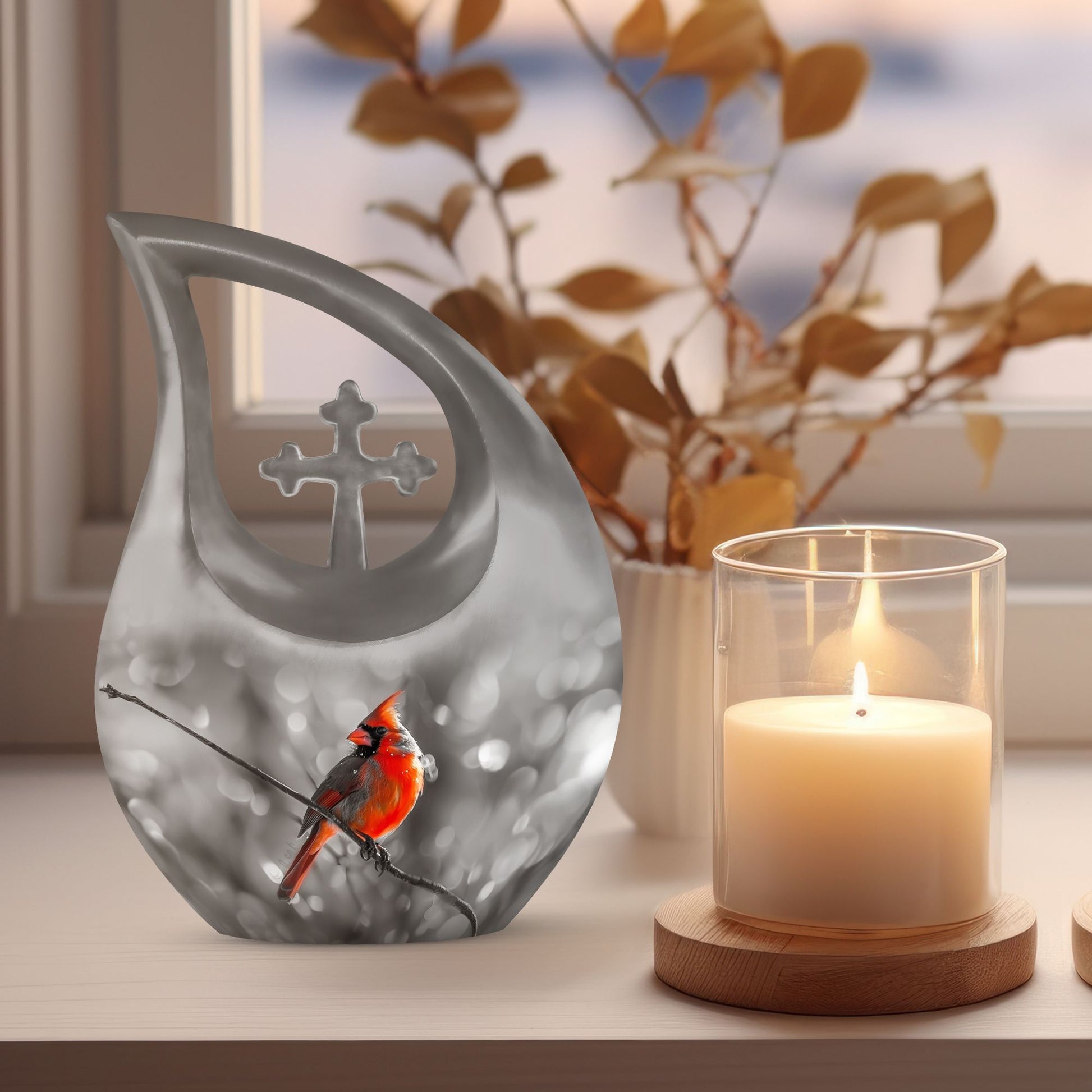 Cardinal Bird themed Cross Drop urn for ashes