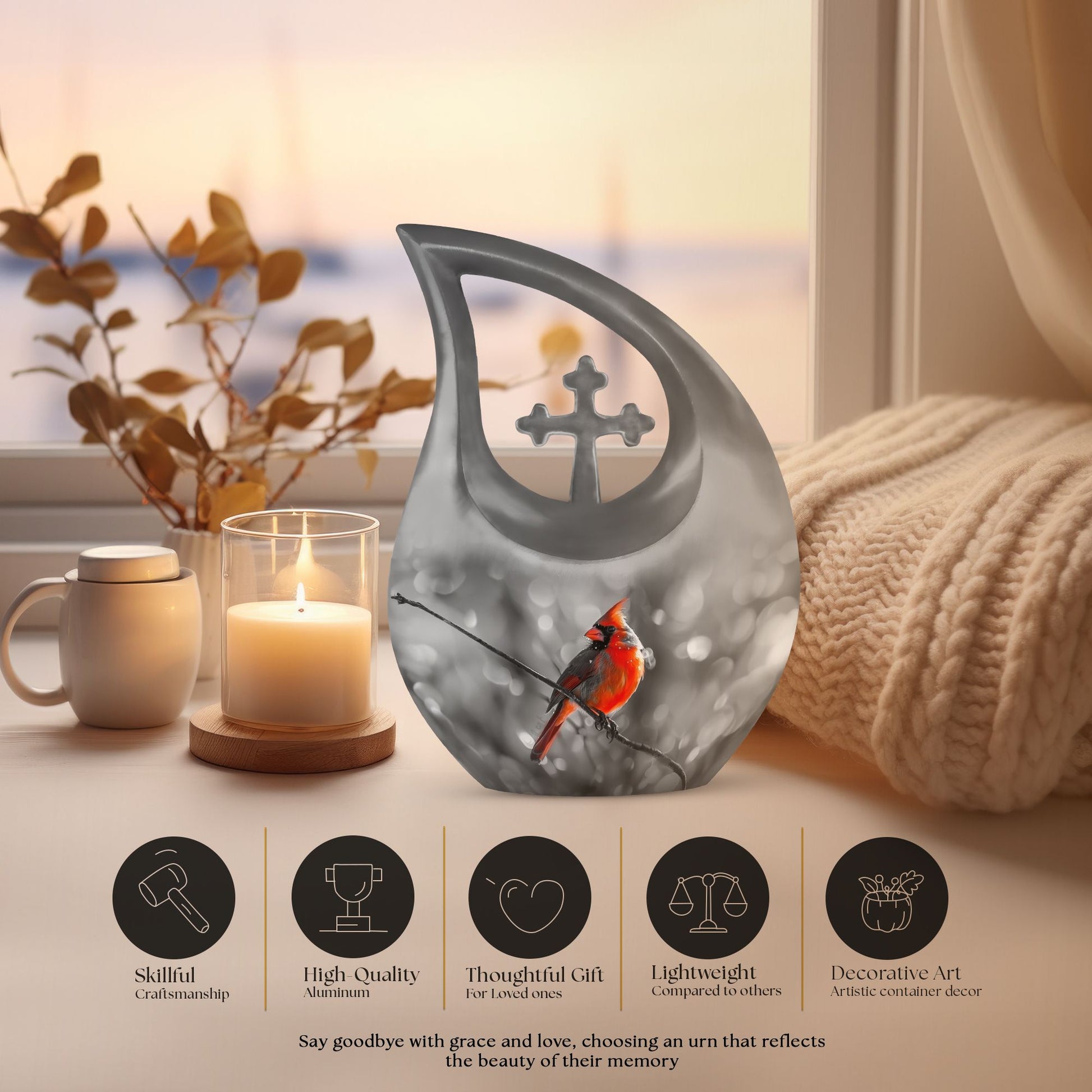 Cardinal Bird themed Cross Drop urn for ashes