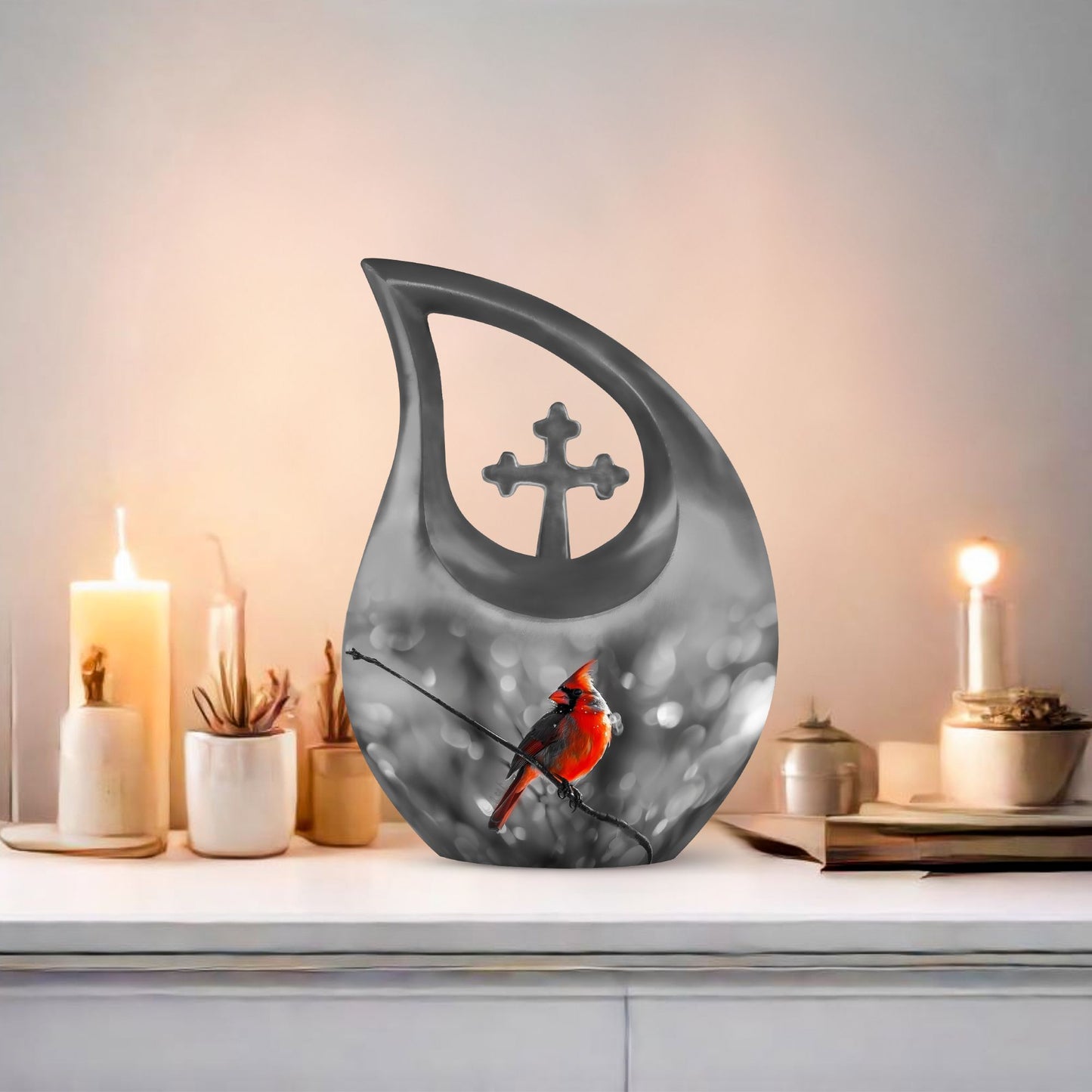 Cardinal Bird themed Cross Drop urn for ashes
