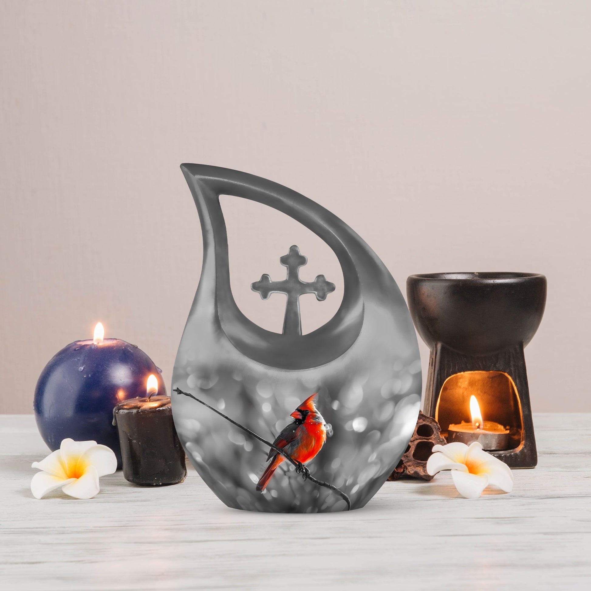 Cardinal Bird themed Cross Drop urn for ashes