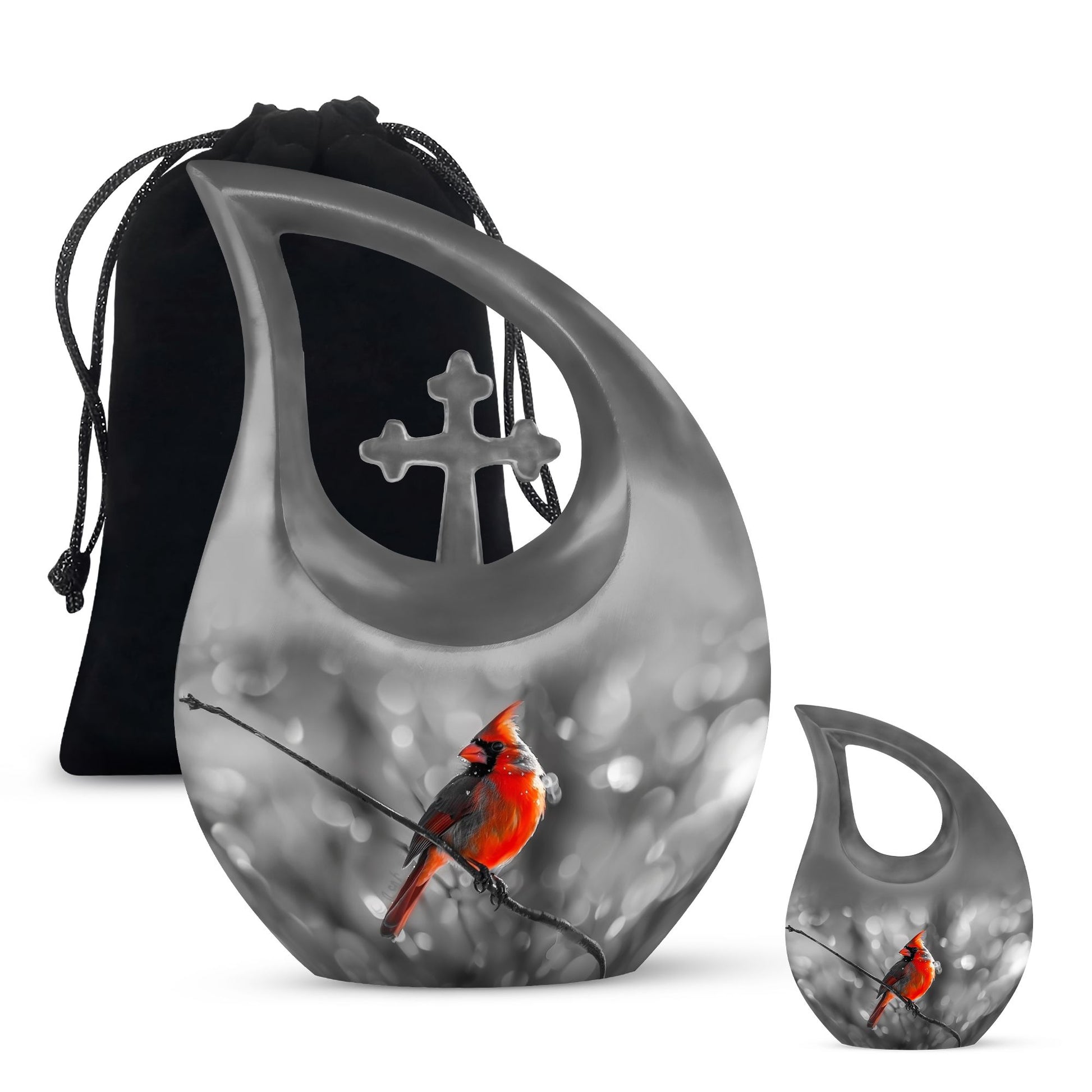 Cardinal Bird themed Cross Drop urn for ashes