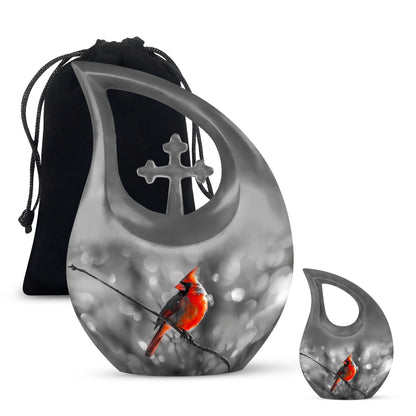 Cardinal Bird themed Cross Drop urn for ashes