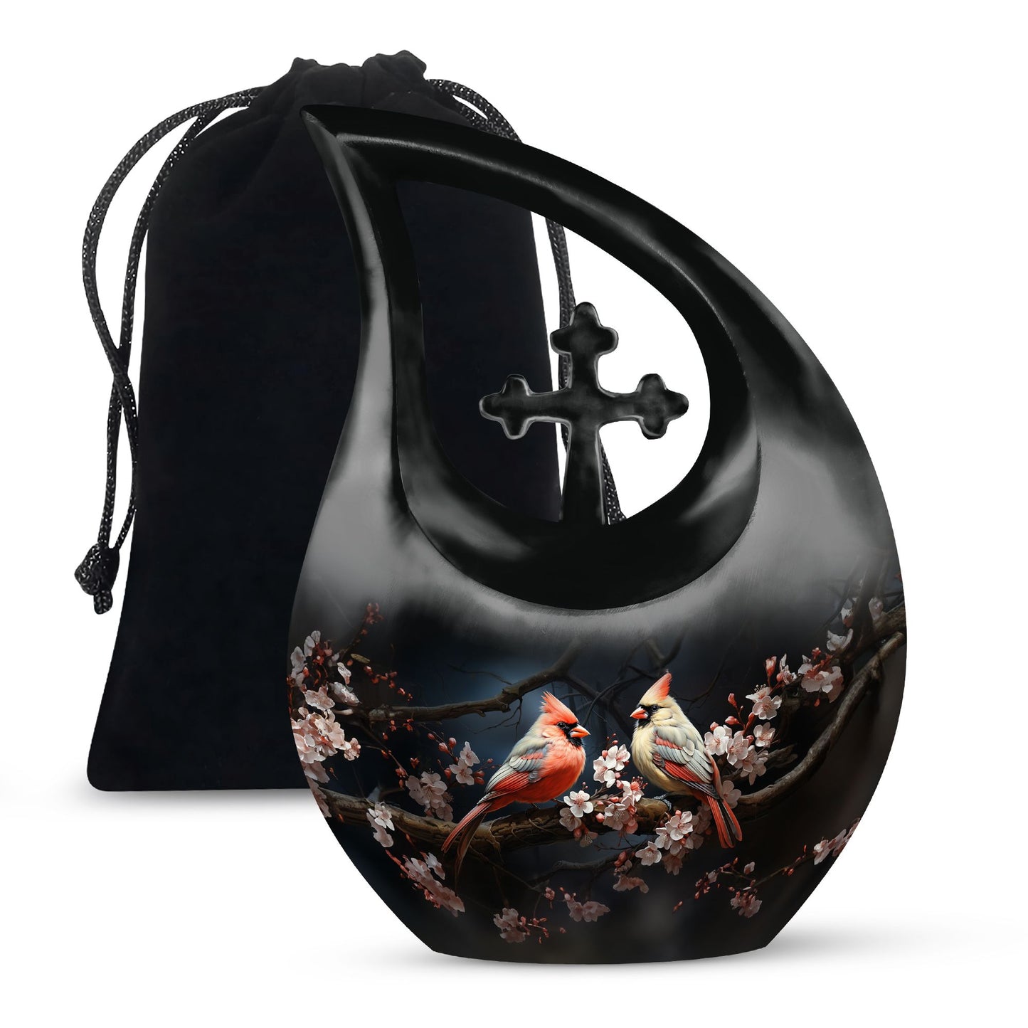 Cardinal Bird Urn with Cross Drop design, affordable funeral choice