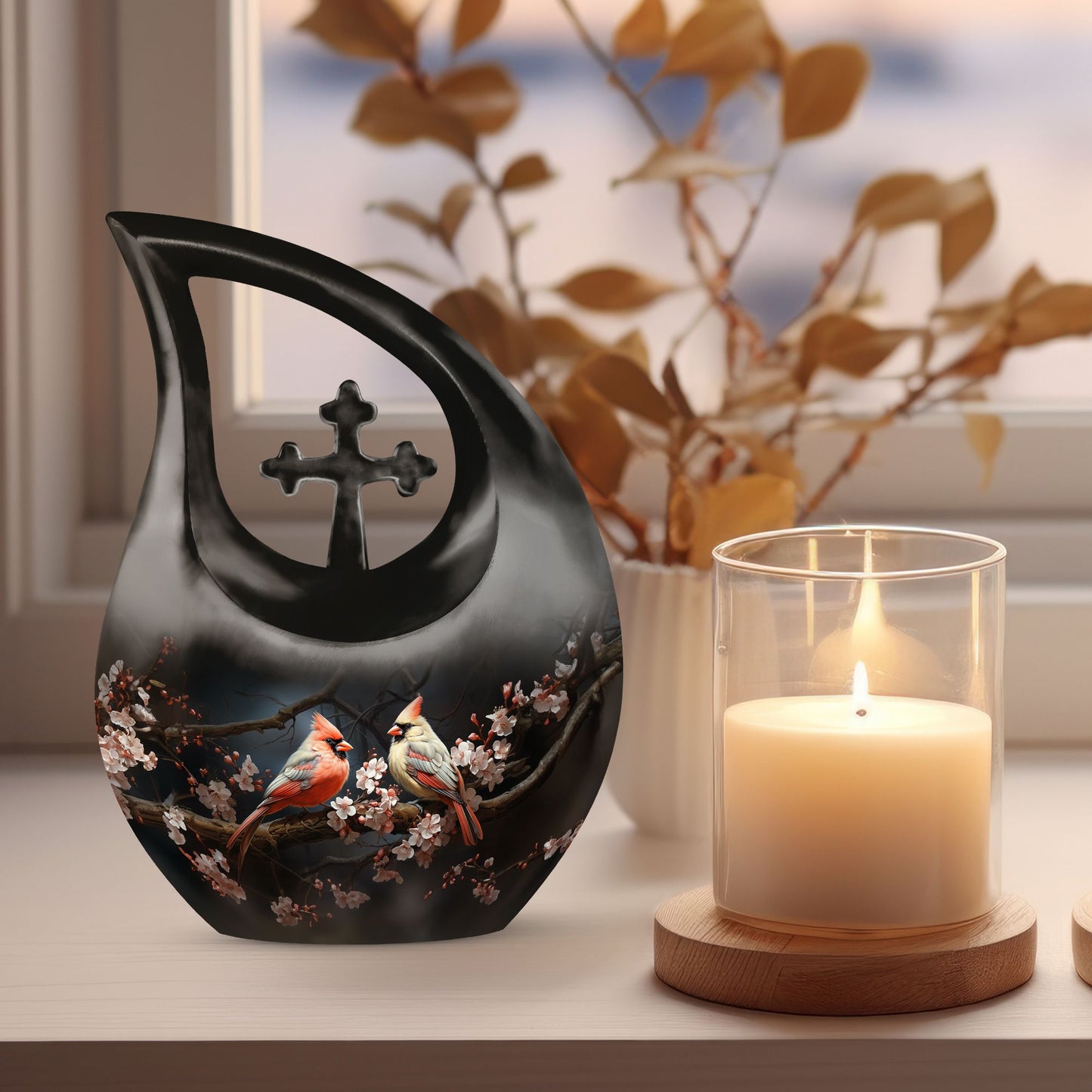Cardinal Bird Urn with Cross Drop design, affordable funeral choice