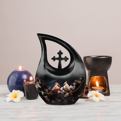 Cardinal Bird Urn with Cross Drop design, affordable funeral choice